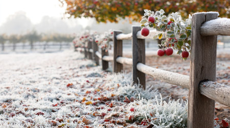 A close-up captures a wooden fence draped with berries against a frosted landscape. The scene displays cool colors and soft lighting, suggesting an early morning. The imagery is suitable for various editorial and commercial applications, including seasonal themes and background use.の素材