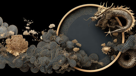 A golden dragon adorns a dark background with various decorative elements. The image exhibits a rich color palette, including gold and black. The composition suggests an ornamental or symbolic context, possibly for cultural design or graphic usage. This artwork may be suitable for a variety of commercial and artistic applications.の素材