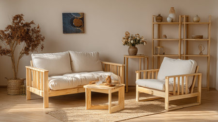 This interior photograph showcases a cozy living room arrangement. A wooden sofa and armchair are complemented by a small table and a shelving unit. The scene is bathed in warm, natural light, highlighting the neutral color palette and the minimalist style. This image could be used for various purposes, including interior design projects or lifestyle publications.の素材