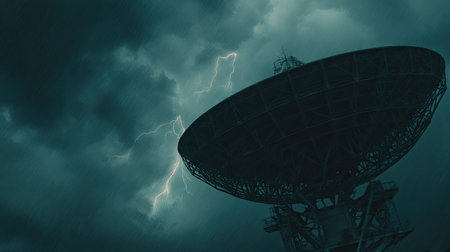 A large satellite dish is featured against a backdrop of a turbulent, stormy sky. The scene is dominated by shades of gray and teal, with lightning flashes illuminating the dark clouds. This image could be suitable for illustrating communication, weather forecasting, or scientific research, with potential use in editorial or commercial projects.の素材