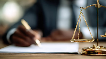 A close-up view depicts a golden scale of justice and a person writing on paper. The scene features shallow depth of field, with soft focus on the scales. Colors include gold and white, suggesting a formal environment. This image could be used for articles, advertising, or educational materials concerning law.の素材