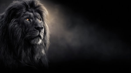 A close-up portrait showcases a black lion, illuminated by a spotlight against a darkened backdrop. The image emphasizes the animal's features with textured fur and detailed eyes. The composition employs dramatic lighting, possibly suitable for editorial use or promotional content. Ample copy space on the right side provides flexibility for text overlays.の素材