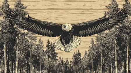 An illustration depicts a bald eagle with outstretched wings against a backdrop of trees. The artwork is characterized by its detailed linework, contrasting shades, and a textured appearance suggesting an outdoor environment. This image could be suitable for various commercial purposes, including print and digital media.の素材