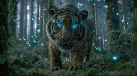 A striking tiger with vibrant blue eyes is depicted within a lush, detailed forest. The image showcases the animal's striped coat and is illuminated by a soft, diffused lighting effect. This imaginative composition, rich in color and texture, could be suitable for fantasy art projects or editorial illustrations.の素材