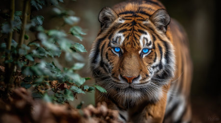 A close-up view presents a tiger with striking blue eyes, its fur a mix of orange and black. The animal emerges from a blurred green and brown environment, suggesting a natural outdoor setting. The image evokes a sense of wildlife observation suitable for various commercial or educational applications.の素材