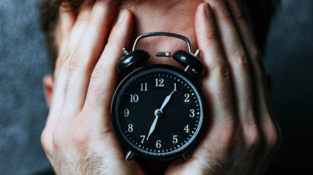 A close-up view depicts a man with his hands covering his face, holding an alarm clock. The image highlights a vintage clock and the man's hands, suggesting a mood of stress or concern. The composition has soft lighting, suggesting an indoor setting. This image could be suitable for editorial or commercial purposes.の素材