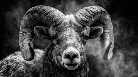 A striking black and white portrait features a ram, showcasing impressive, curved horns. The image highlights the animal's detailed fur texture and facial features. The composition suggests an outdoor environment with soft lighting. This versatile image is suitable for various commercial projects and editorial uses.の素材