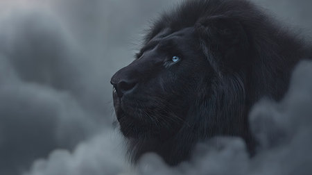 A dark, majestic lion gazes pensively against a backdrop of swirling clouds. The image displays a dramatic, low-key lighting and a muted color palette, emphasizing texture and form. This striking visual could be utilized in various commercial and artistic projects, conveying concepts of power and leadership.の素材