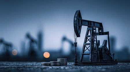A close-up photograph showcases a miniature oil derrick model, accompanied by a stack of coins. The composition features a shallow depth of field, with the derrick sharply in focus. The dark, industrial subject is set against a blurred background. The image is suitable for various commercial applications, including financial and energy-related themes.の素材