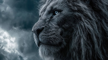 A close-up portrait showcases a powerful lion with intense blue eyes and dark fur. The animal is set against a moody background of swirling clouds. The image displays a dramatic contrast of light and shadow. Suitable for editorial and commercial projects that require imagery of wild animals.の素材