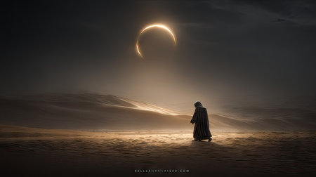 A solitary figure stands silhouetted against a dramatic celestial event. The image features a dark, vast landscape, possibly a desert, under a cloudy sky. The lighting highlights a glowing ring in the sky. It could be used for conceptual art, illustrations, or designs related to mystery or fantasy themes.の素材