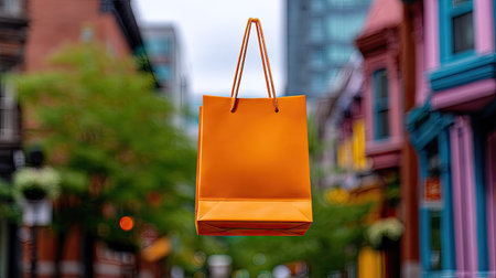 An orange shopping bag hangs in the center of the frame, showcasing a modern design. The image displays vivid colors with a blurred city backdrop suggesting an outdoor setting. The composition uses depth of field for focus. This image could be used for advertising, e-commerce, or visual content.の素材