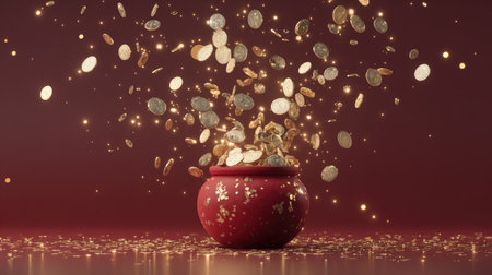 A close-up captures a red pot overflowing with coins, suggesting wealth and prosperity. The coins, varying in size and metallic shades, are suspended in mid-air against a deep red background. The image, with its soft lighting and potential for copy space, suits editorial and commercial use.の素材