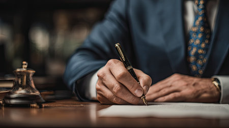 A person, dressed in a suit, is seen writing on a paper document at a desk, with a close-up perspective. The image displays a focus on the hand holding a pen. Colors include blue, gold, and brown. Lighting suggests a professional indoor setting. Suitable for commercial and editorial purposes.の素材