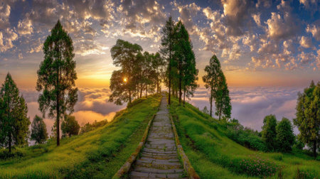 A winding pathway ascends a grassy hill, leading towards a brilliant sunrise. The scene features lush green trees, a pathway, and a sky filled with dramatic clouds. The warm sunlight bathes the landscape in a soft glow, suggesting a peaceful environment. This image could be suitable for various commercial or editorial applications.の素材