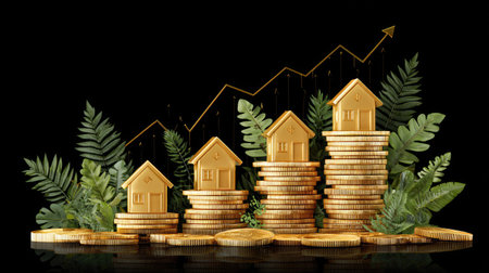 This image presents a conceptual illustration of increasing property values. Miniature golden houses sit atop stacks of gold coins, suggesting financial growth. Green foliage frames the scene, contrasting with the dark background. The upward-trending line visually represents appreciation, suitable for commercial projects.の素材