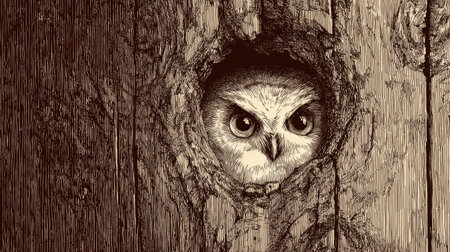 An owl peeks out from a hole in a wooden surface. The image presents a sepia-toned illustration, emphasizing textures of wood and feathers. The composition creates a visual focus on the owl's face, utilizing natural light and shadow. Suitable for editorial and commercial use, the image is versatile for various design projects.の素材