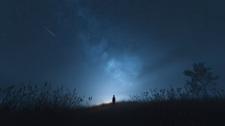 A person stands silhouetted against a dark, star-filled sky. The composition emphasizes the contrast between the figure and the celestial backdrop. The image utilizes cool tones, creating a sense of mystery. Potential uses include editorial illustrations or conceptual projects.の素材