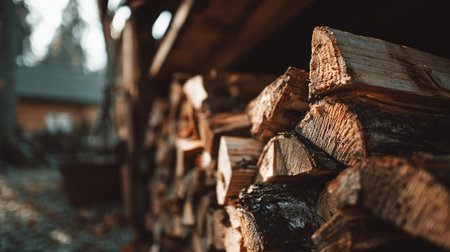 Close-up shows neatly stacked firewood, exhibiting rich brown and tan hues. The wood's rough texture and varied shapes create visual interest, enhanced by warm lighting. The image suggests a rustic, outdoor setting, possibly near a residence. Suitable for illustrating themes of winter, warmth, or sustainable living.の素材