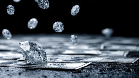 Diamonds are shown falling onto currency bills with a dark backdrop. The composition features sharp focus on the gemstones, highlighting their reflective facets. The lighting emphasizes the diamonds' brilliance, creating a luxurious aesthetic. Suitable for commercial projects emphasizing value, wealth, or high-end products.の素材