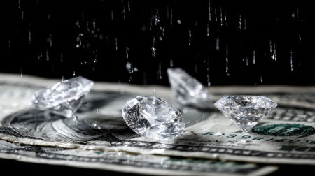 This close-up image showcases sparkling diamonds resting on dollar bills. Water droplets are falling, creating a dynamic effect. The composition uses a dark backdrop, and the focus is on texture and light. Suitable for advertising, financial publications, or other conceptual commercial projects.の素材