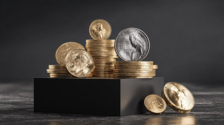 Various gold coins and a single silver coin are arranged on a black surface. The coins are stacked to create a visual display. The lighting highlights the metallic textures. This composition suggests concepts related to wealth, finance, and investment, suitable for diverse commercial applications.の素材