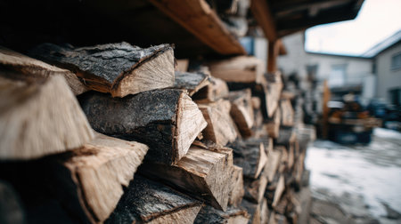 Close-up of neatly stacked firewood reveals rough textures and various shades of brown and gray. The outdoor setting suggests a cold climate. Soft lighting and shallow depth of field create a cozy atmosphere. Suitable for illustrating themes of winter, warmth, or resourcefulness in various commercial projects.の素材