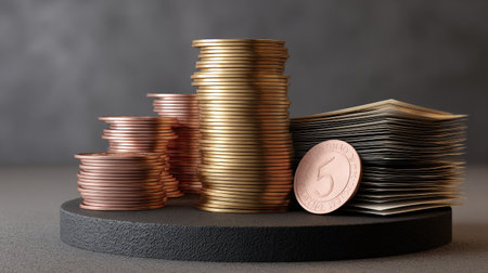 This image showcases stacks of gold, copper, and bronze coins alongside a bundle of paper money. The composition features a variety of shapes and textures with soft lighting. The arrangement suggests concepts of wealth and finance. It may be suitable for financial publications or commercial projects.の素材