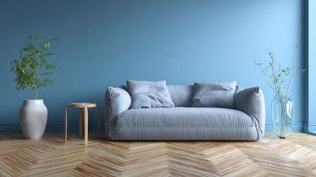 An inviting interior scene features a blue wall backdrop with a plush gray sofa. Decorative plants in vases and a small wooden side table complement the minimalist arrangement. The space is bathed in soft lighting, highlighting the textures of the furnishings. This image could be used for lifestyle, interior design, or advertising projects.の素材