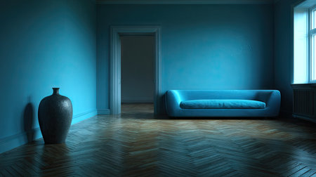 An interior space features blue walls, a matching sofa, and a decorative vase. The room is illuminated by sunlight, highlighting the wooden floor's texture. This image is suitable for various commercial uses, including website design and advertising material. The composition presents a clean and simple aesthetic.の素材
