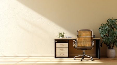 An interior shot features a desk, chair, and potted plants set against a light-colored wall, with sunlight casting shadows. The composition highlights minimalist design with a focus on workspace. This image is suitable for various commercial purposes, including website design, advertising, and editorial content.の素材