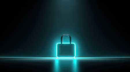 A glowing neon padlock icon dominates a dark composition. The image showcases a futuristic digital representation with a sleek and modern design, featuring bright blue light and shadows. This imagery is suitable for various applications, including website design, advertising, and editorial content related to data protection.の素材
