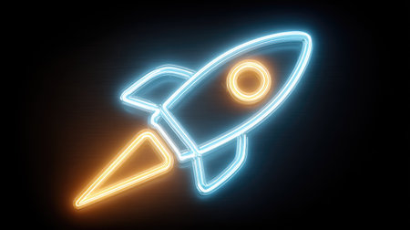 A vibrant neon illustration showcases a rocket ship against a stark black backdrop. The image features bright blue and orange colors, creating a striking contrast. Its simple design style, coupled with the dark environment, is well-suited for various design projects, advertising campaigns, and website elements.の素材