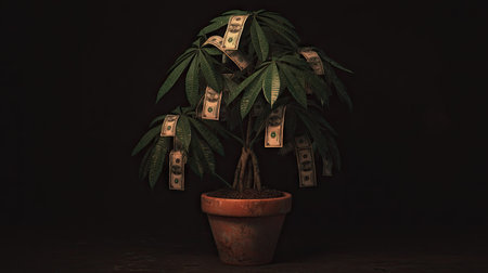 An image presents a money tree, featuring banknotes instead of leaves, growing from a terracotta pot. The composition emphasizes the tree against a dark background, with subdued lighting. This setup suggests concepts like financial growth, investment, and wealth creation, suitable for various editorial and commercial applications.の素材