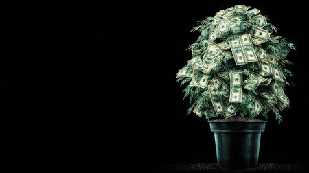 An artistic depiction presents a money tree, where dollar bills are arranged to resemble leaves. The composition features a dark background which enhances the visual impact. This symbolic representation of wealth and growth could be used in financial publications or promotional materials. The lighting creates contrast and depth.の素材
