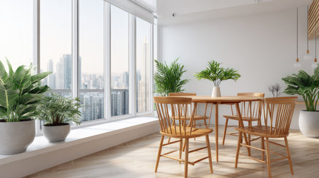 A bright interior showcases a wooden table and chairs, complemented by lush green plants in white pots. Large windows offer city views, bathing the scene in natural light. The composition features a clean, minimalist style suitable for various uses, including design and lifestyle contexts.の素材