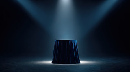 A dark blue cloth drapes over an object, illuminated by overhead spotlights in a dimly lit setting. The composition emphasizes a central focal point with contrasting light and shadow. Suitable for illustrating mystery, anticipation, or unveiling concepts in advertising and design projects.の素材
