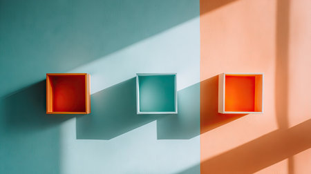 Three square shelves are mounted on a wall split into two color blocks. The shelves and the interior wall colors provide a stark contrast. The composition is simple and geometric, emphasizing color and form. The scene is illuminated by natural light, which casts shadows across the wall. These elements could be used for decorative backgrounds.の素材