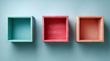 Three square boxes in shades of teal, red and peach are presented against a light blue backdrop. The boxes are evenly spaced, creating a balanced composition. The studio lighting enhances the color and texture, making them suitable for design, advertising or visual communication uses.の素材