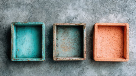 Three empty, square wooden containers are presented against a mottled gray backdrop. One box features a teal hue, the middle a natural wood color, and the third a coral color. The overhead composition emphasizes the arrangement and textures, which may be suitable for a variety of visual concepts and commercial applications.の素材