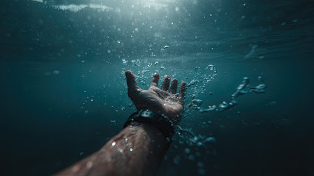 An open hand extends towards the surface, captured in an underwater environment with sunlight filtering through. The composition highlights bubbles and the movement of water. The scene presents a blue and dynamic visual. Suitable for various creative and commercial applications.の素材