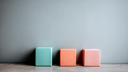 Three geometric cubes, each painted in a distinct pastel hue, stand in a row against a muted gray backdrop. The composition is straightforward, with soft lighting enhancing the smooth textures of the objects. Suitable for various design and conceptual projects, this image may be used for a wide range of commercial and editorial purposes.の素材