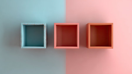 Three open square boxes are arranged horizontally against a divided backdrop. The boxes and background colors are soft and complementary. The image showcases a minimalist aesthetic with clean lines. It can be utilized in various commercial applications requiring a simple background for product placement or editorial design.の素材