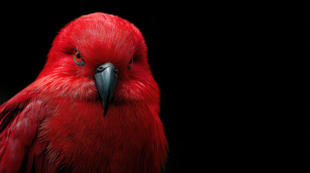 A striking close-up showcases a bright red bird against a stark black backdrop. The avian subject displays vivid red plumage and a dark beak. The composition highlights textured feathers and focused lighting. This image may be suitable for advertising, design projects, or editorial illustrations.の素材