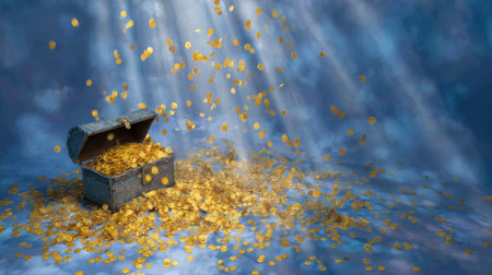 An open treasure chest spills gold coins, illuminated by dramatic light rays against a blue backdrop. The image features a shallow depth of field, highlighting the chest and cascading coins. This visual could be used for illustrations related to wealth, fortune, and financial success in various commercial contexts.の素材