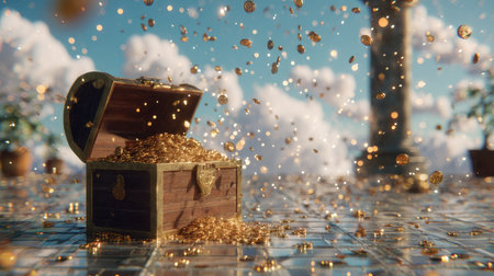 An open wooden chest is filled with gold coins, with additional coins seemingly falling from above. The background includes a clear blue sky dotted with fluffy white clouds. The image is brightly lit, showcasing a sense of wealth and abundance. Suitable for financial, business, or illustrative purposes.の素材