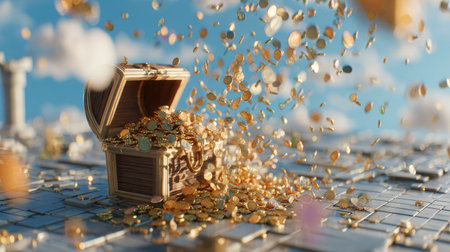 An open wooden treasure chest spills out numerous gold coins onto a tiled surface. The scene is illuminated by bright daylight, with soft lighting and a blurred background suggesting depth of field. This composition could be used for various projects representing wealth or fortune, appropriate for commercial applications.の素材