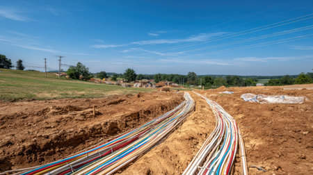 This image depicts an outdoor construction site with parallel trenches holding numerous colored cables. The cables are laid in the brown earth, under a bright blue sky. The composition emphasizes lines and color, suggesting utility and infrastructure. Suitable for illustrating technological advancement and industrial applications.の素材