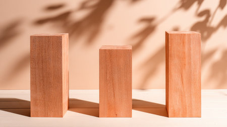 Three rectangular wooden blocks stand on a light surface against a soft, textured background. Shadows of leaves create a subtle pattern. Warm tones dominate, enhanced by soft lighting, suggesting an indoor setting. This image is suitable for commercial applications, including product display and conceptual designs.の素材