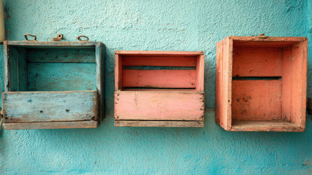 Three rectangular wooden boxes are presented against a textured blue background. The boxes feature varying shades of faded paint, exhibiting a rustic aesthetic. The composition emphasizes the arrangement and the textures, suggesting a simple, possibly vintage, design. This image could serve various commercial applications.の素材